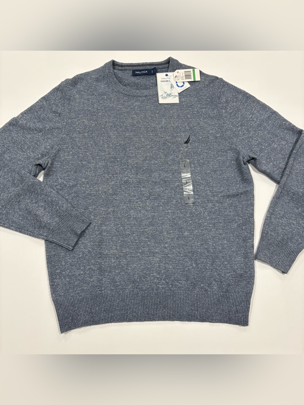 Nautica Seaside Knit Sweater Mens Large Blue Crew Neck Cotton Blend NWT